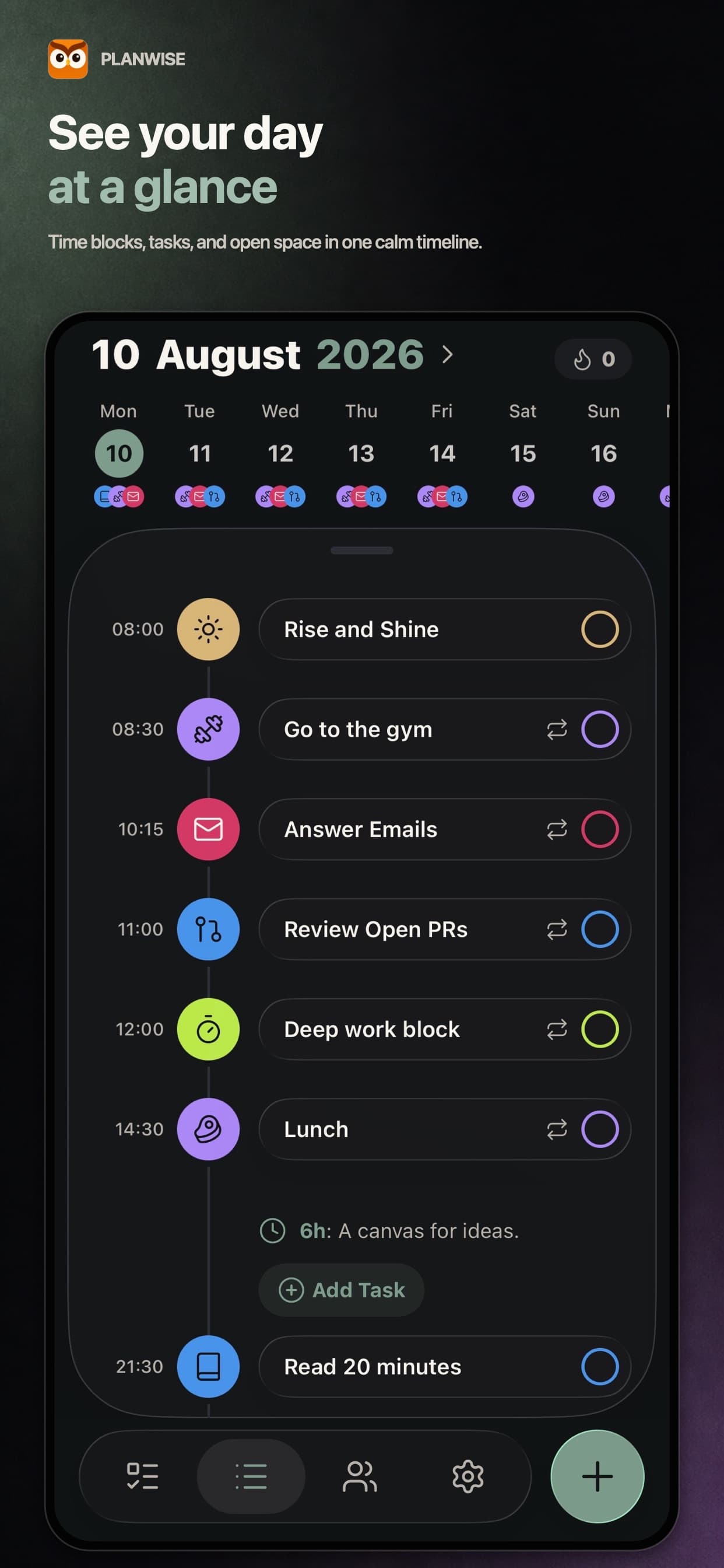 Daily timeline with time blocks, tasks, and open space