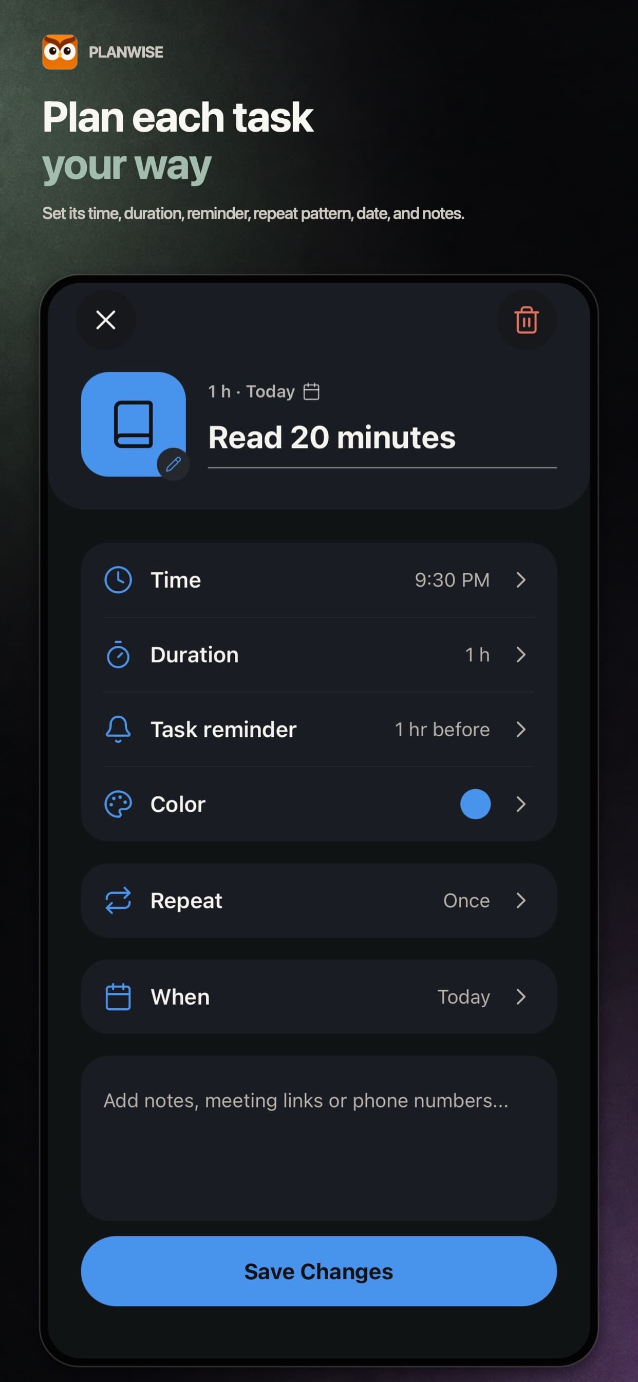 Task details with time, duration, reminder, and date