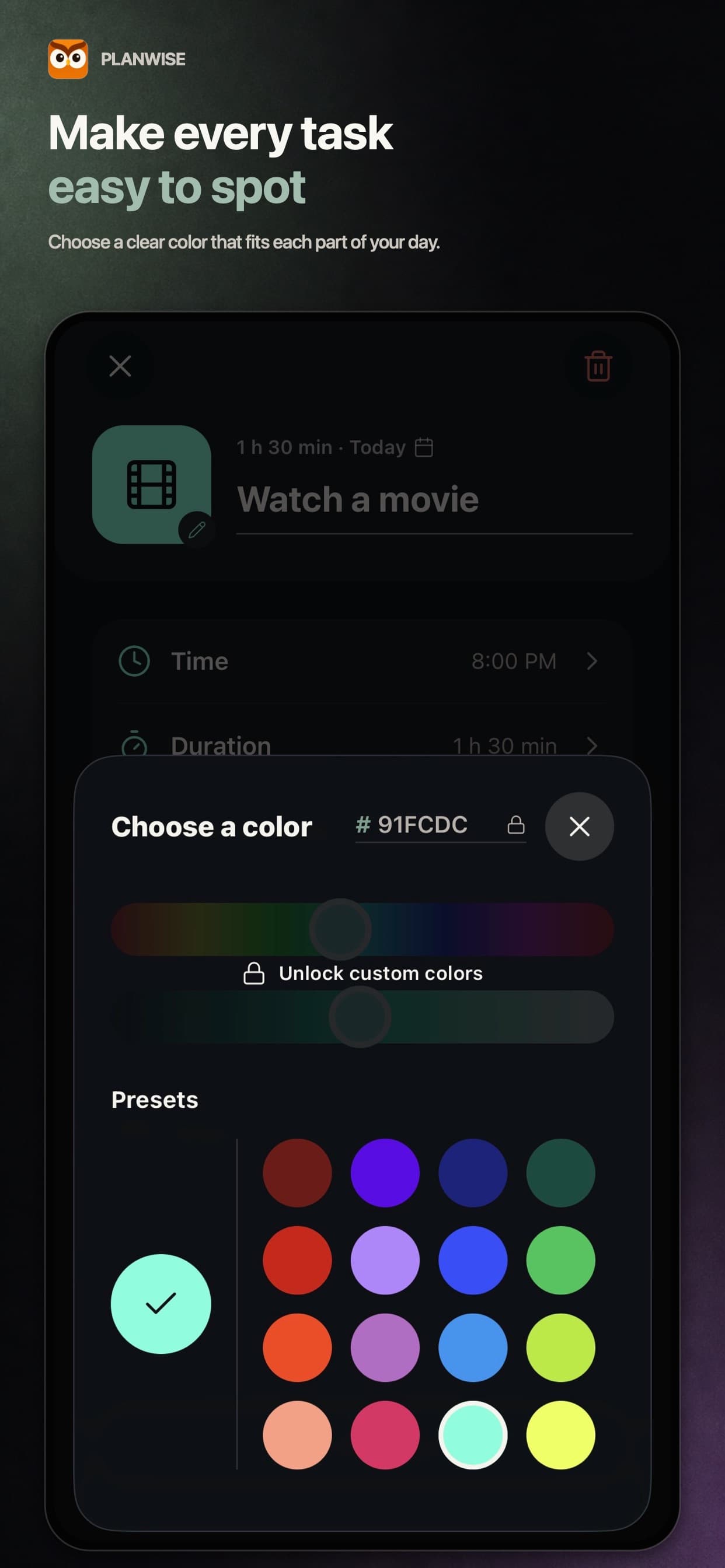 Task color presets and customization
